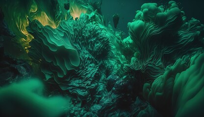 Obraz premium Abstract green plant-like formation with swirling textures created by fluid dynamics in a dark environment
