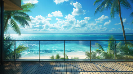 A beautiful beach scene with a clear blue ocean and palm trees in the background