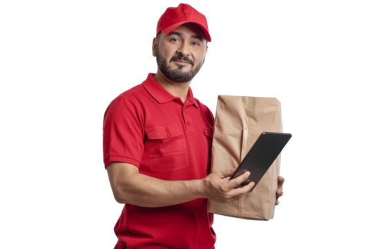A delivery driver in a branded uniform, holding a package and a digital tablet, white background.