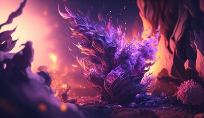 Fototapeta premium A mystical forest with towering purple crystals glowing under a twilight sky