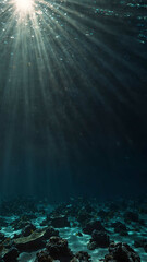 Obraz premium rays of sunlight illuminating the deep underwater background 