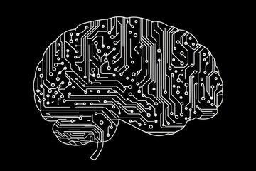 An illustration of a brain where the pattern resembles a circuit board, symbolizing the intersection of human mind and modern technology on a dark background.