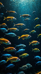 Fototapeta premium schools of vibrant fish swimming deep underwater background 