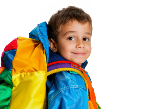 A first-grade student wearing a colorful backpack, their face full of excitement for going to school, on a white background.