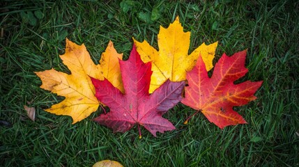 Vibrant autumn leaves in assorted hues of red, yellow, and orange displayed on a fresh green grass background, illustrating the changing seasons and natural beauty.