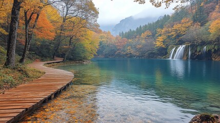A serene forest trail winds alongside a turquoise lake surrounded by autumn foliage. This peaceful image captures the intimate beauty of nature during the fall season.