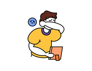 illustration of a man crying or sad when looking at a photo. sad because of looking at a photo of memories. outline style character design. graphic elements