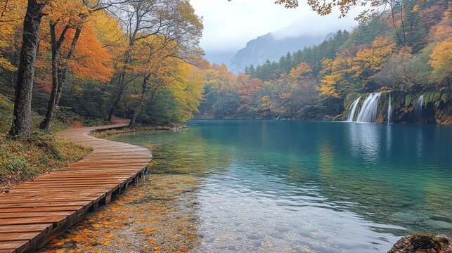 A serene forest trail winds alongside a turquoise lake surrounded by autumn foliage. This peaceful image captures the intimate beauty of nature during the fall season.