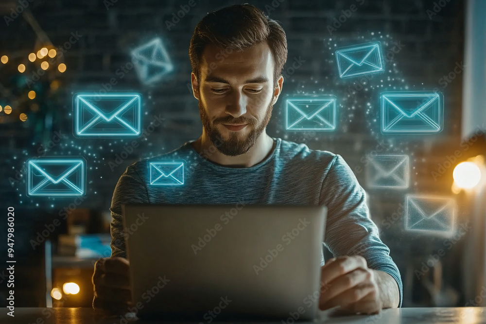 Poster man working on a laptop with floating digital email icons glowing blue around him in a modern tech-i