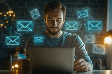 man working on a laptop with floating digital email icons glowing blue around him in a modern tech-inspired environment
