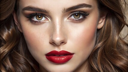 Fototapeta premium Beautiful White Girl With Red Lips Looks to the Camera