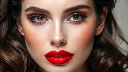 Fototapeta premium Beautiful White Girl With Red Lips Looks to the Camera