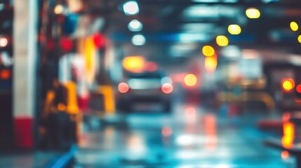 Fototapeta premium Abstract Blurry Image of a Car Garage with Colorful Lights