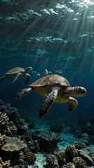 Fototapeta premium turtles navigating through coral reefs deep underwater background 
