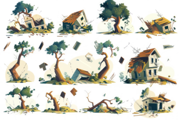 aftermath of a tornado, including damaged buildings, uprooted trees, and debris.