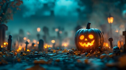 Obraz premium Jack-o'-Lantern in Dark Graveyard - Spooky Halloween Scene with Lit Pumpkin