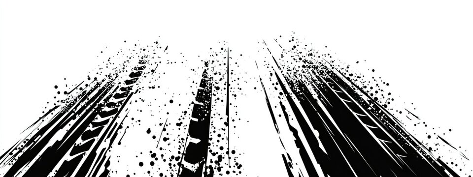 Grunge tire track, wheel braking marks. Truck, car or motorcycle tread pattern silhouette. Auto race, motorsport, speed racing design element. Vector illustration