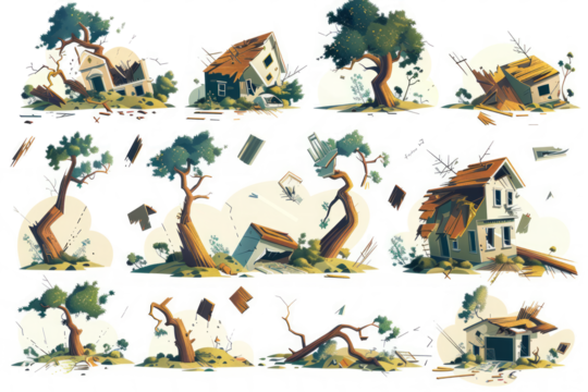 aftermath of a tornado, including damaged buildings, uprooted trees, and debris.