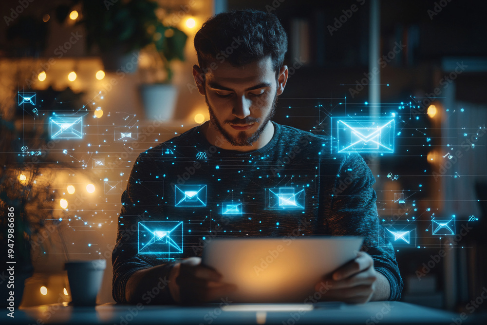 Poster man using a tablet with glowing blue digital email icons floating around him in a dimly lit room cre