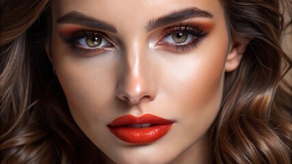 Fototapeta premium Beautiful White Girl With Red Lips Looks to the Camera