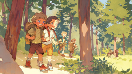 Two boys walking happily in forest with backpacks, enjoying nature.