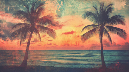 Fototapeta premium Sunset view over calm ocean with silhouettes of palm trees at a tropical beach during early evening