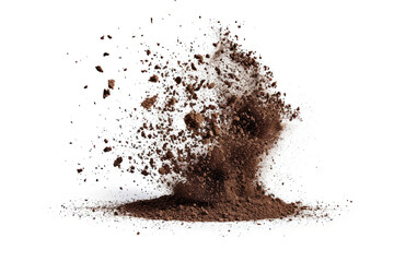 Power of nature flying and scattered soil dirt in the air, isolated on a white background.