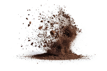 Power of nature flying and scattered soil dirt in the air, isolated on a white background.