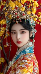 A woman adorned in colorful traditional Chinese attire with a highly detailed floral headpiece, posed against a backdrop of yellow blossoms, epitomizing elegance.