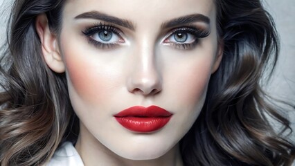 Fototapeta premium Beautiful White Girl With Red Lips Looks to the Camera