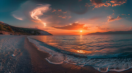 Beautiful summer sunset on Mirtos beach in Greece - panorama