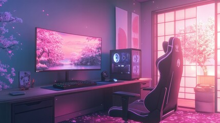 A modern anime room corner showcasing a sleek gaming setup, with a large monitor, gaming chair, and ambient lighting.