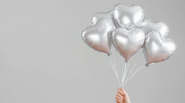 Hand holding blank silver heart balloon bouquet mockup 