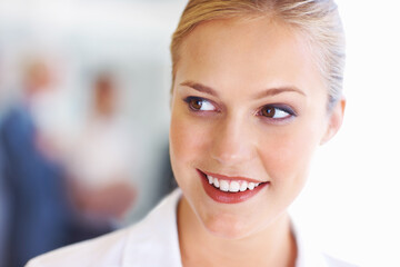 Thinking, idea and business woman in office for problem solving, company insight and solution. Professional, corporate worker and face of person with confidence, pride and planning in workplace