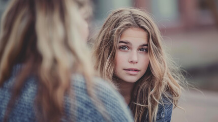 Naklejka premium Teenage girl talks to an adult, view over the shoulder of the adult, the girl has a concerned facial expression.