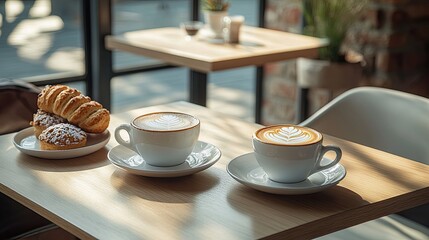 86. A modern coffee date with two lattes, a plate of pastries, and a sleek, minimalist table set in a stylish urban cafe
