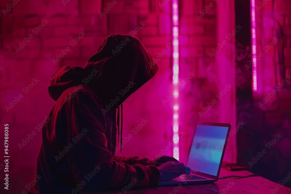 Aufkleber hacker is programming on a laptop in a dark room illuminated by pink neon light