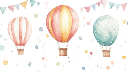 Joyful hot air balloons floating above colorful confetti and bunting in a whimsical celebration atmosphere for families and children