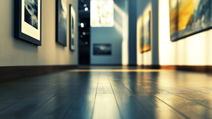 A quiet art gallery with framed artwork lining the walls, sunlight streaming through large windows in the afternoon