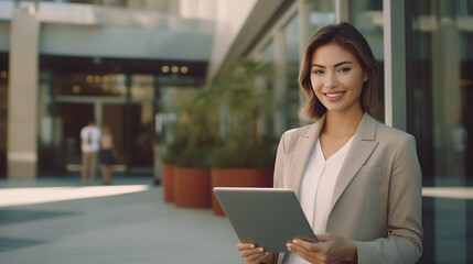 Smiling young middle businesswoman using table pc application for online remote work at office business building outdoors, woman holding digital computer
