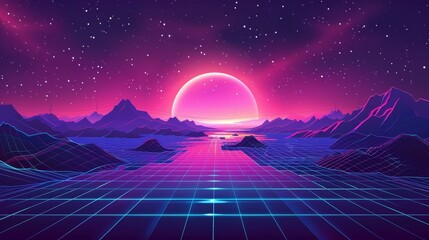 A retrofuturistic landscape with a glowing pink sun a grid pattern and mountains in the distance