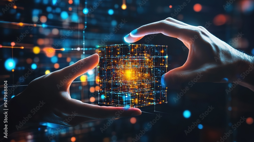 Aufkleber two hands reaching out to share a glowing digital cube against a backdrop of connected networks and 