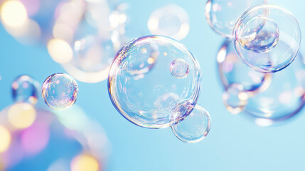 Aesthetic transparent soap bubbles floating on pastel blue background. Detergents and cleaning products. Generative AI