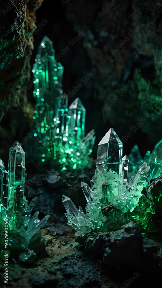 Poster crystals growing green lights on deep nature cave background backdrop