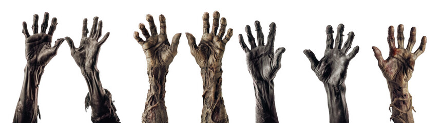 Set of scary zombie hands isolated on transparent background, zombie theme, happy Halloween concept
