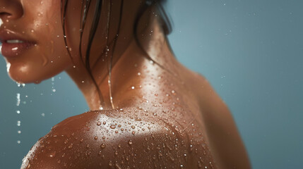Fototapeta premium Close-up of a womans shoulder with water droplets, showcasing smooth and hydrated skin.