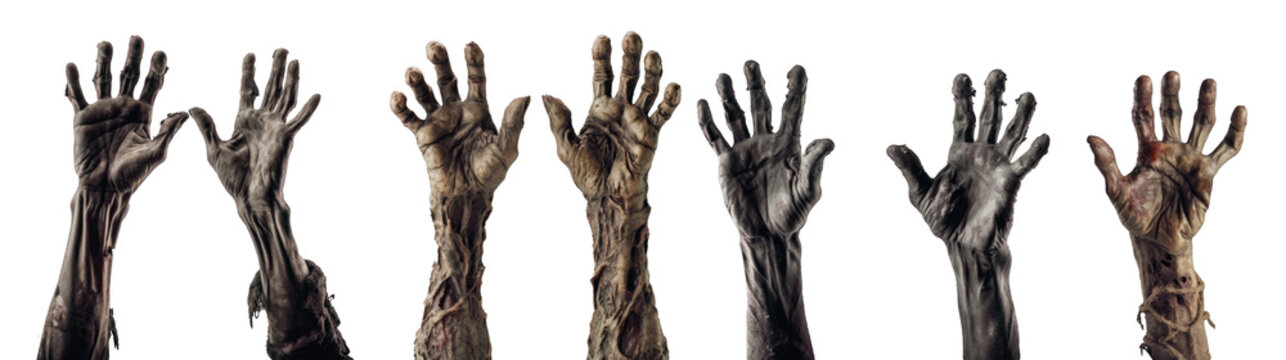 Set of scary zombie hands isolated on transparent background, zombie theme, happy Halloween concept