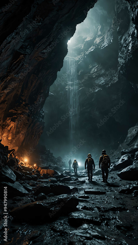 Poster explorers navigating a mysterious deep nature cave background backdrop