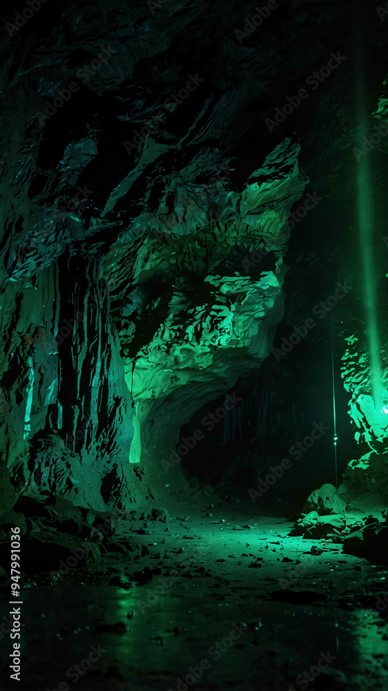 Wall mural green glowing mysterious lights in the deep nature cave background backdrop