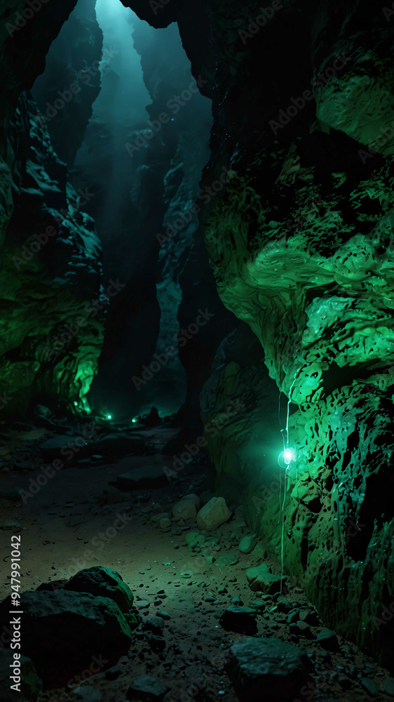 Poster green glowing mysterious lights in the deep nature cave background backdrop